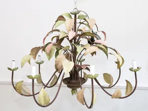 A French 1970's Painted Green & Pink Metal Leaf Chandelier with 8 Arms