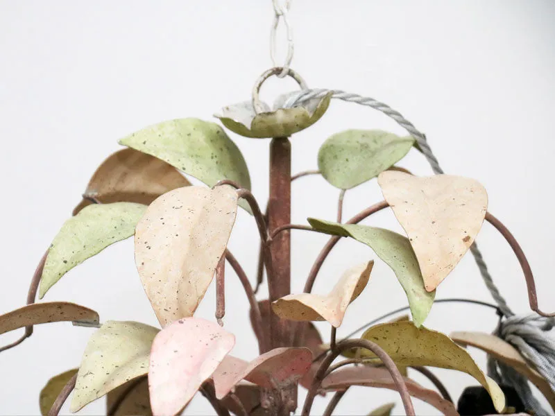 A French 1970's Painted Green & Pink Metal Leaf Chandelier with 8 Arms