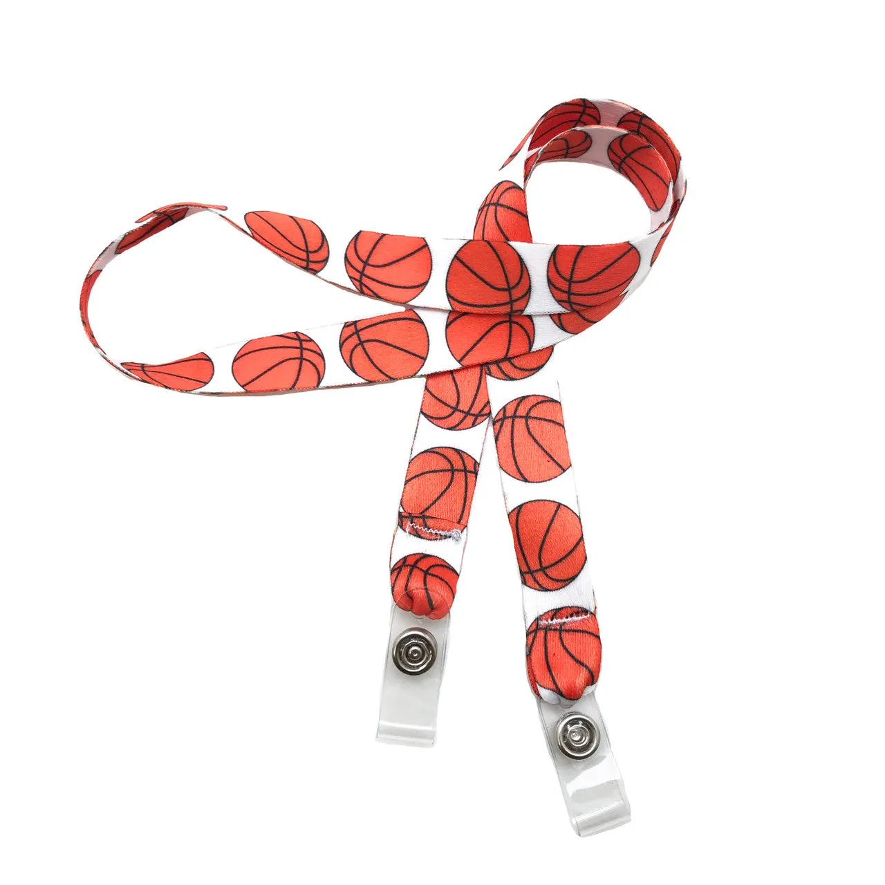 Basketball Face mask holder lanyard 24" long in theme design with vinyl snap fittings printed on 5/8" Ultra Lanyard fabric