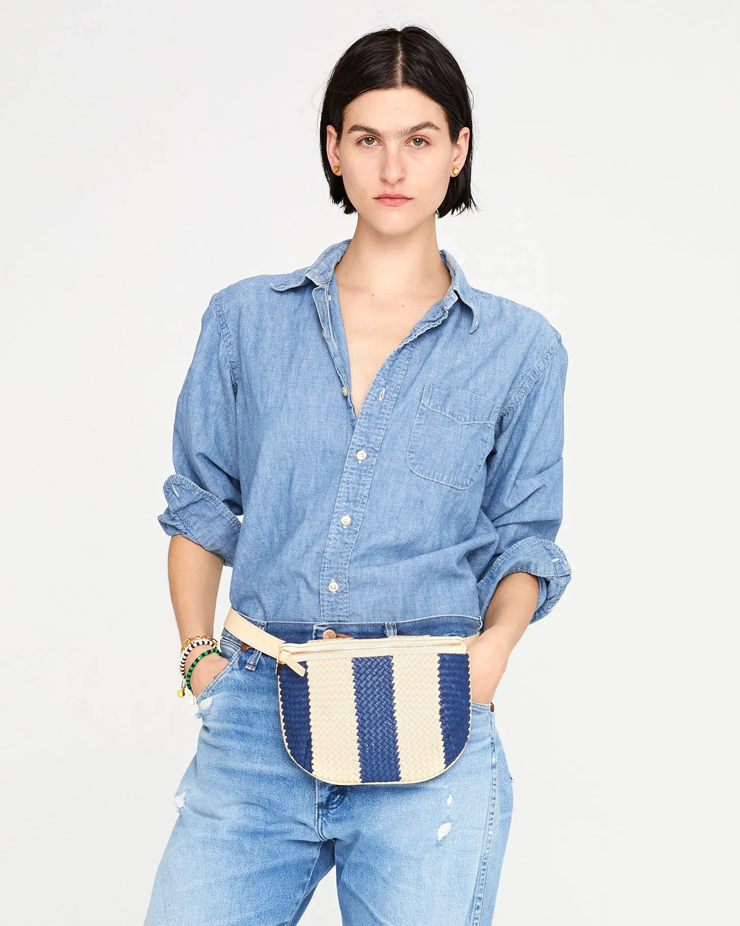 Clare V - Fanny Pack in Indigo & Cream Woven Racing Stripes