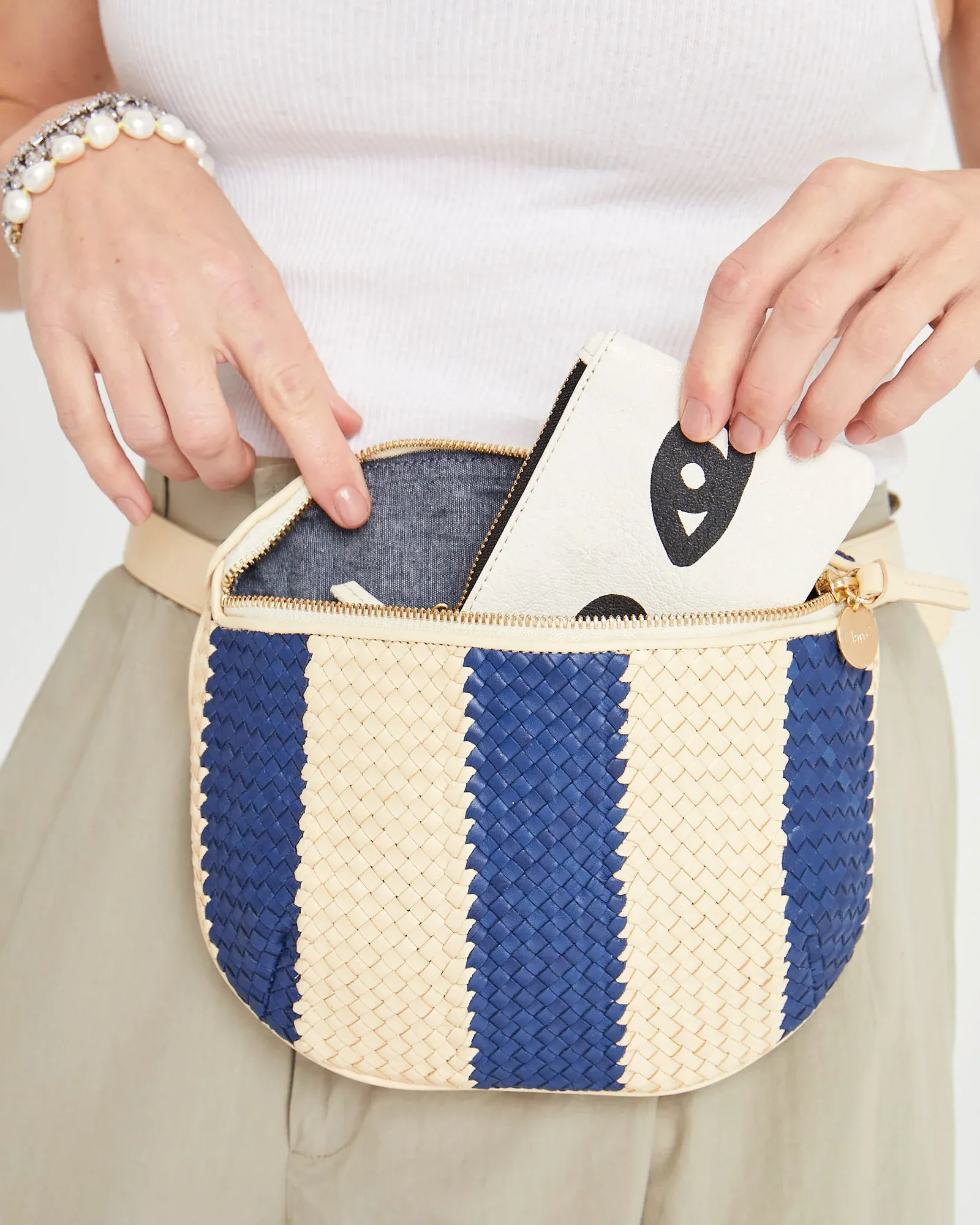 Clare V - Fanny Pack in Indigo & Cream Woven Racing Stripes