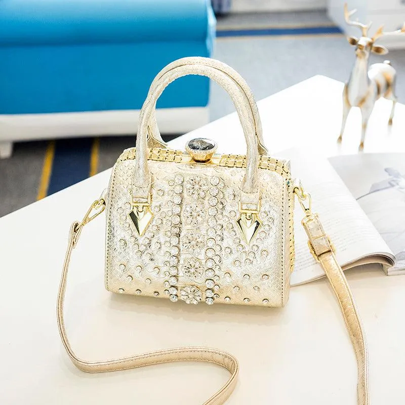 Diamond-studded Single-shoulder Messenger Snake Print Lock Bag