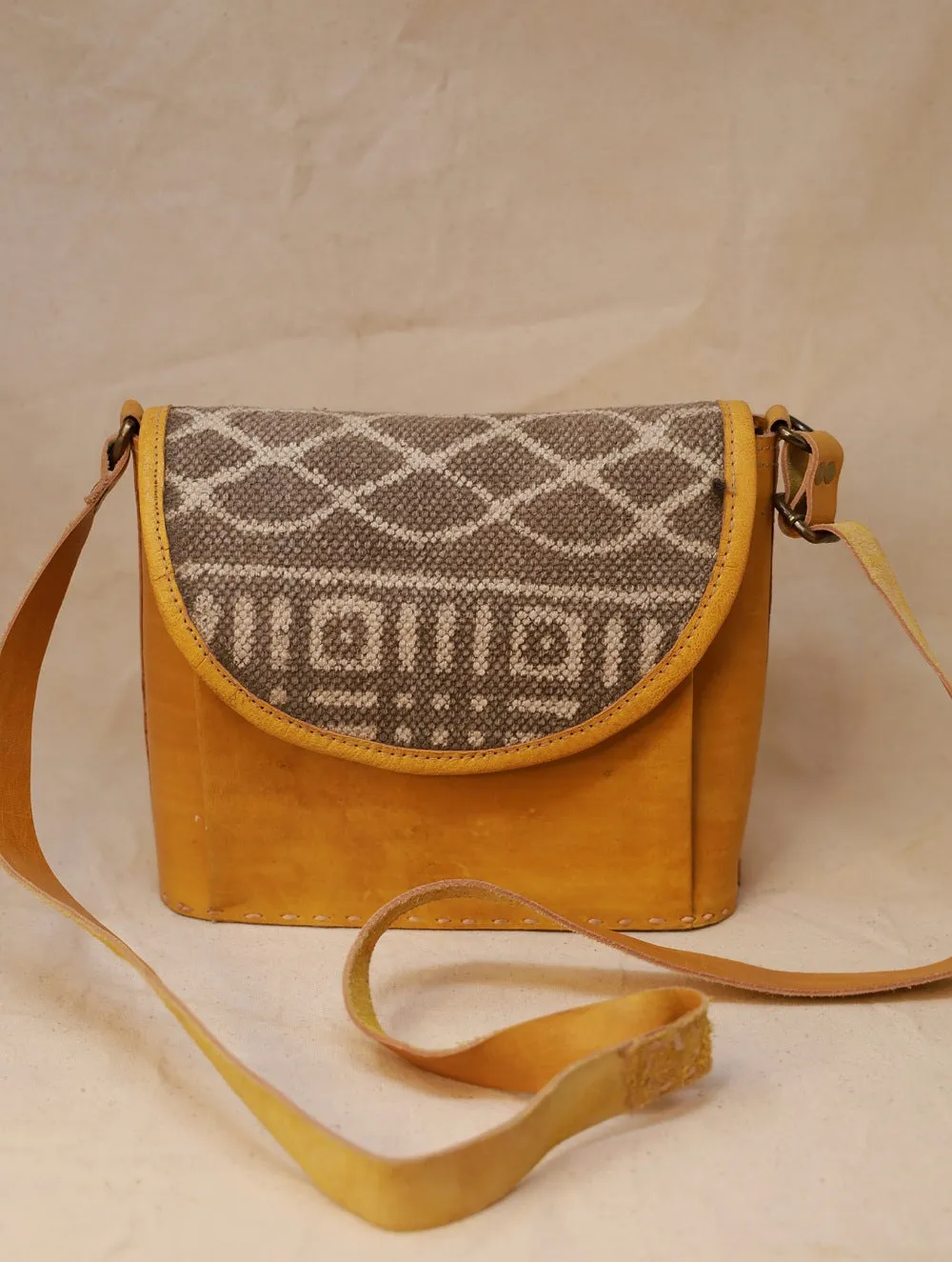 Handcrafted Jawaja Leather Sling Bag with Rug Patch - Yellow & Grey