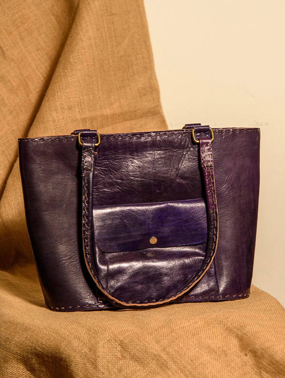 Handcrafted Jawaja Leather Tote Bag with Front Pocket