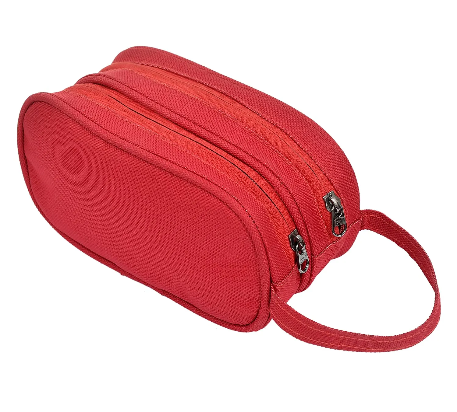 Kuber Industries Multiuses Rexine Travel Toilerty bag/Shaving Kit/Dopp Kit/Cosmetic Bag With 3 Zipper Comparments & Carrying Strip (Red), (49KM0613)