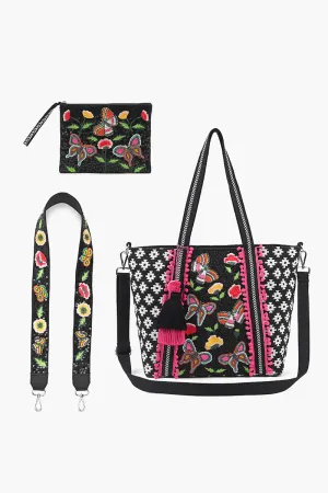 Medium Tote with Bag Strap & Pouch Black Butterfly