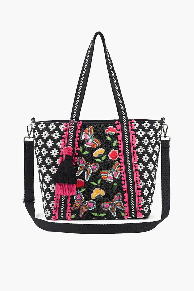 Medium Tote with Bag Strap & Pouch Black Butterfly