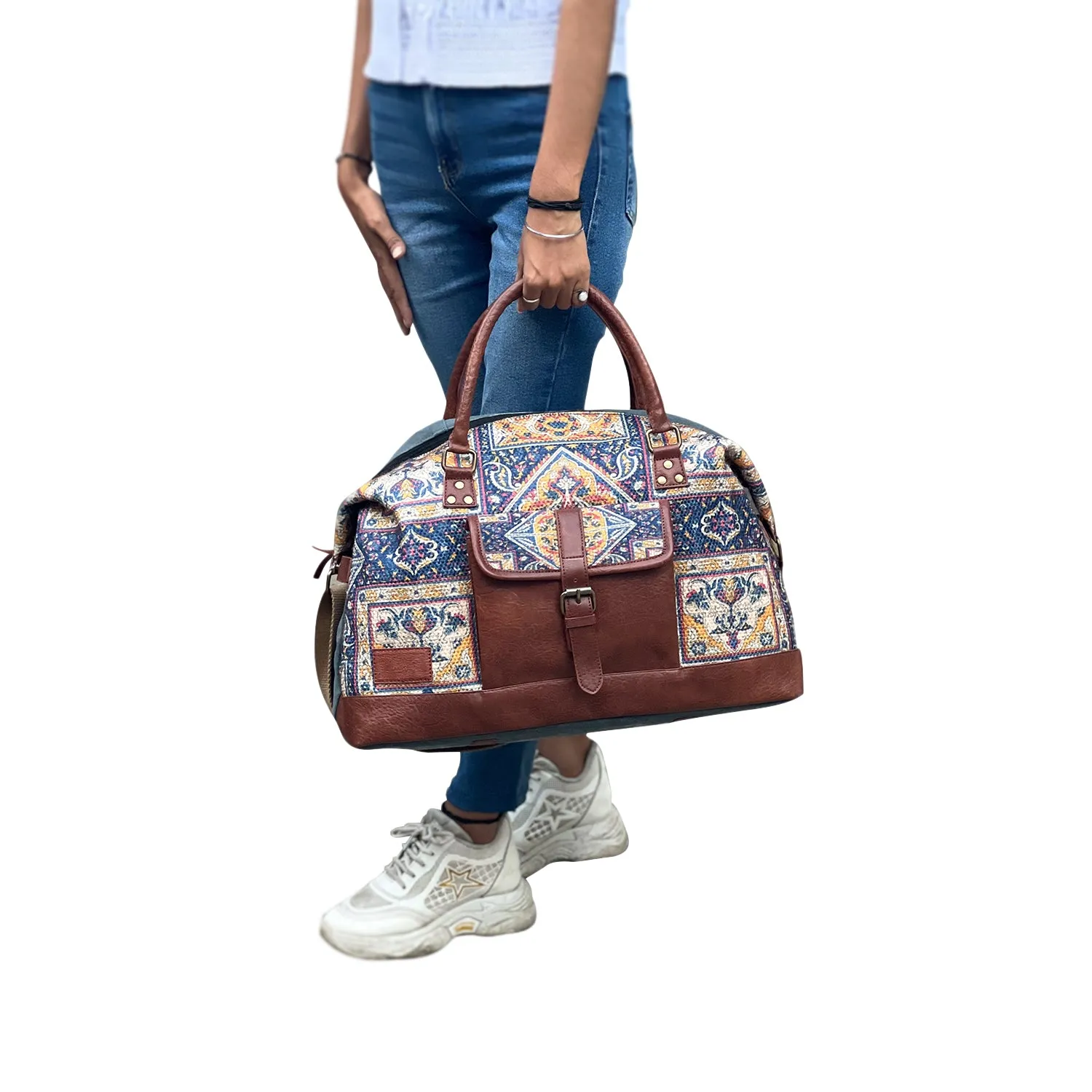 Mona B Large Kilim Inspired Duffel Gym Travel and Sports Bag with Outside Pocket and Stylish Design for Women: Chocolate