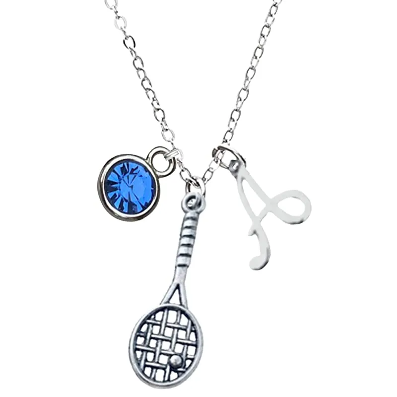 Personalized Tennis Charm Necklace with Birthstone & Letter Charm