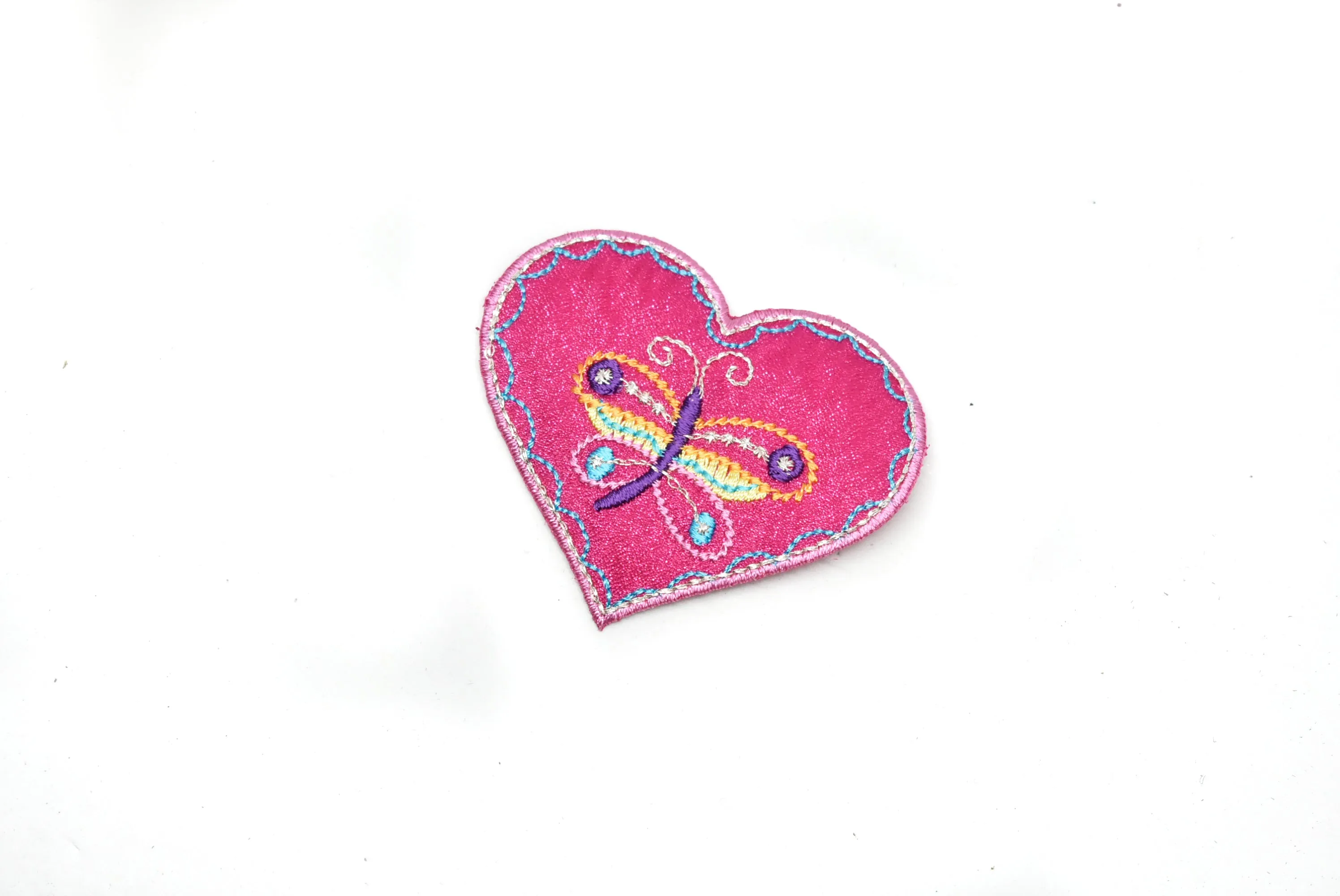 Pink Heart with Butterfly Iron on Patch Applique | Hot Pink Heart Applique | Valentines Day Heart Applique