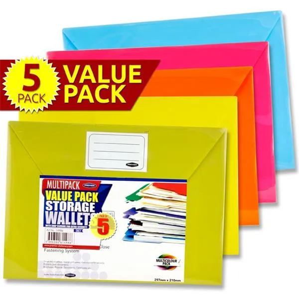 Premier Office Packet of 5 A4 Button Wallets - Bright