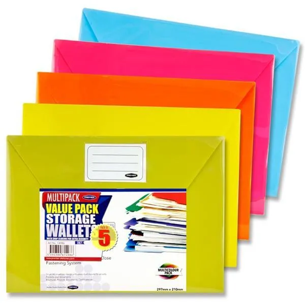 Premier Office Packet of 5 A4 Button Wallets - Bright