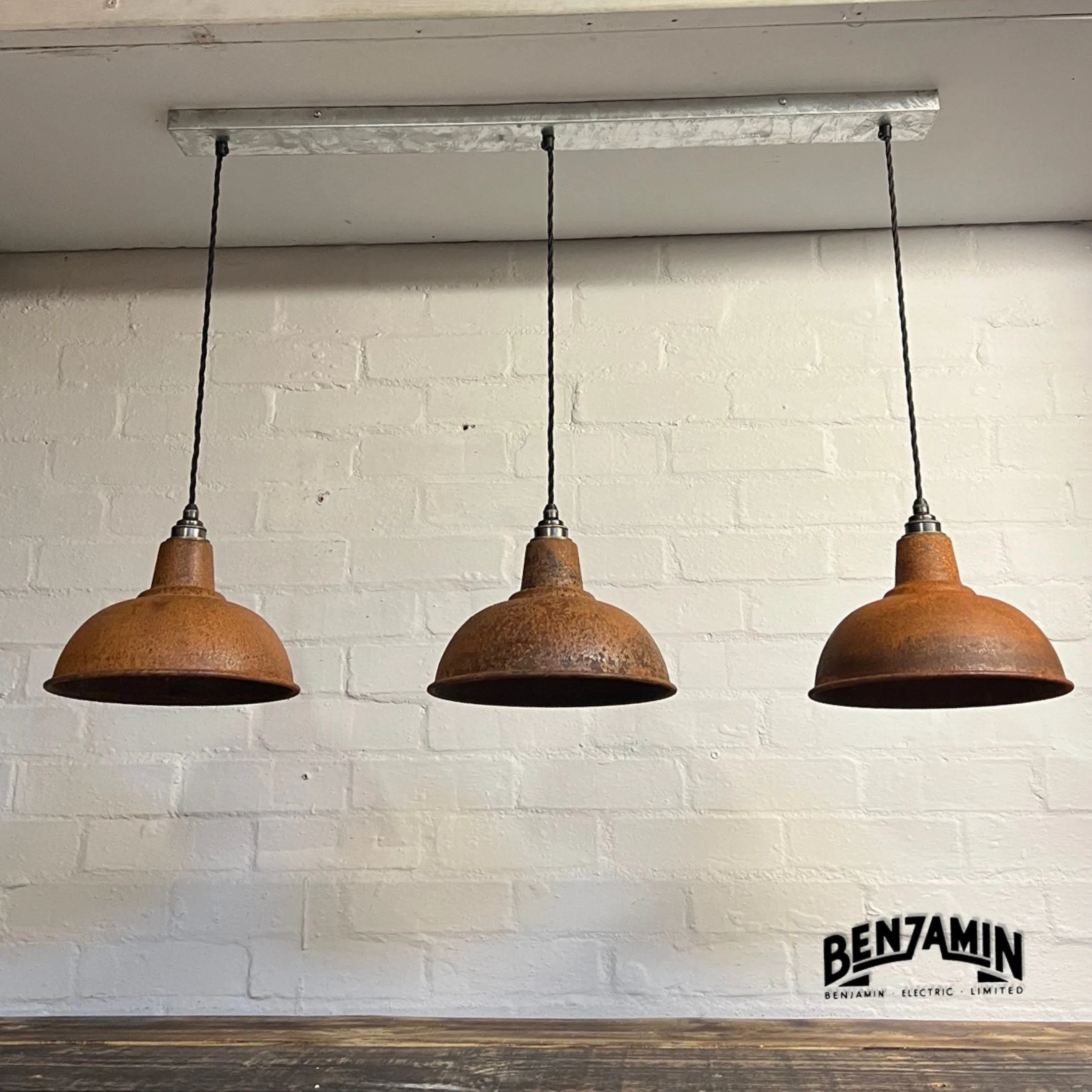 Salthouse ~ 3 x Solid Rusted Steel Shade Design Pendant Set Track Cluster Light | Dining Room | Kitchen Table | Vintage