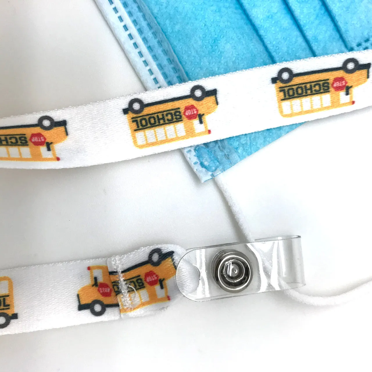 School Bus Face mask holder lanyard 24" long  with vinyl snap fittings printed on 5/8" Ultra Lanyard fabric