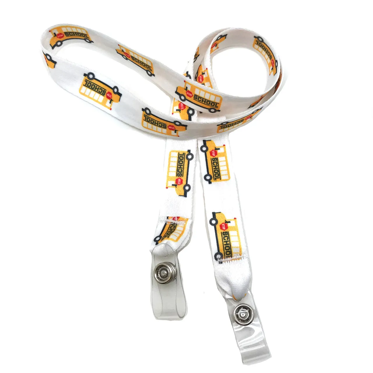 School Bus Face mask holder lanyard 24" long  with vinyl snap fittings printed on 5/8" Ultra Lanyard fabric