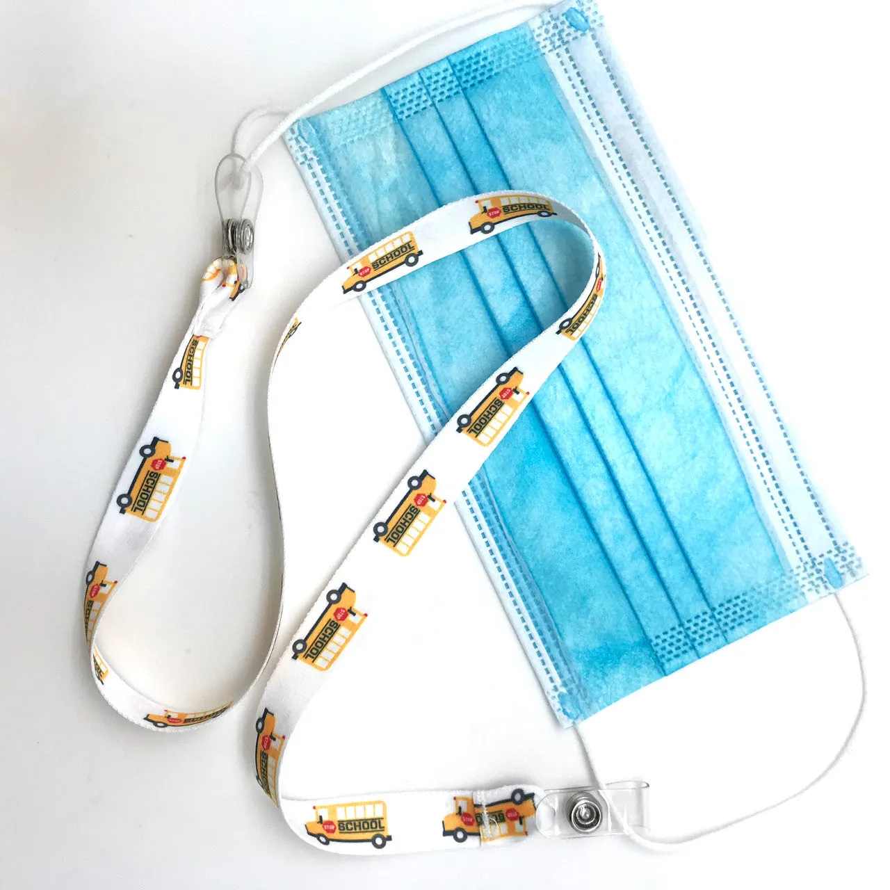 School Bus Face mask holder lanyard 24" long  with vinyl snap fittings printed on 5/8" Ultra Lanyard fabric