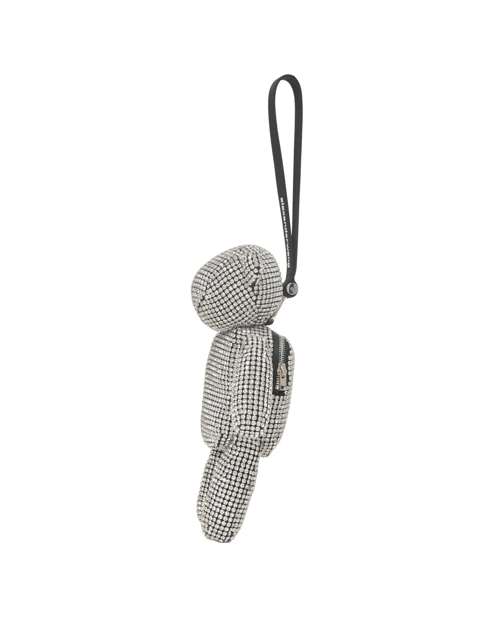 Silver Crystal Mesh Bear-Shaped Wristlet Mini Bag with Detachable Logo Strap