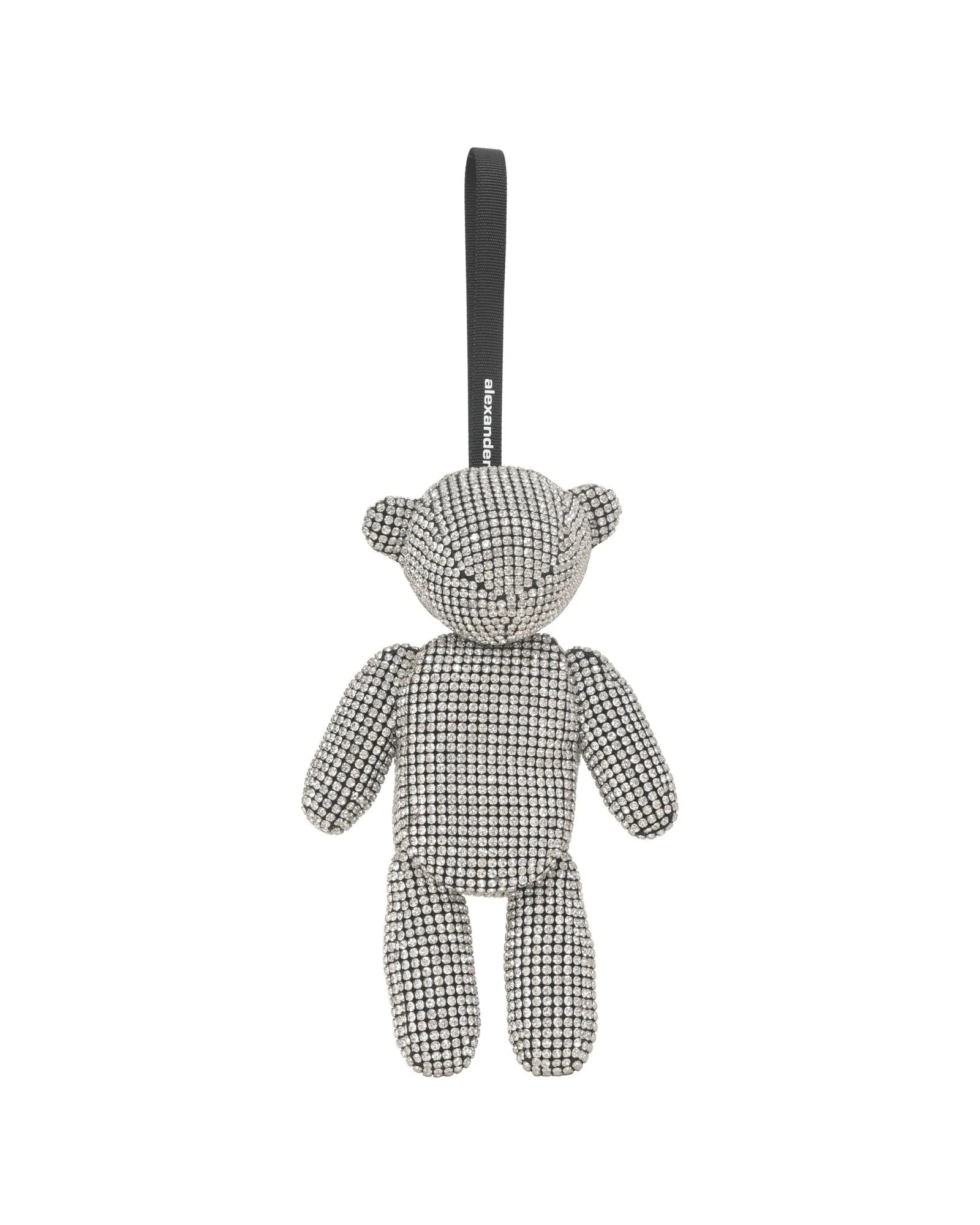 Silver Crystal Mesh Bear-Shaped Wristlet Mini Bag with Detachable Logo Strap