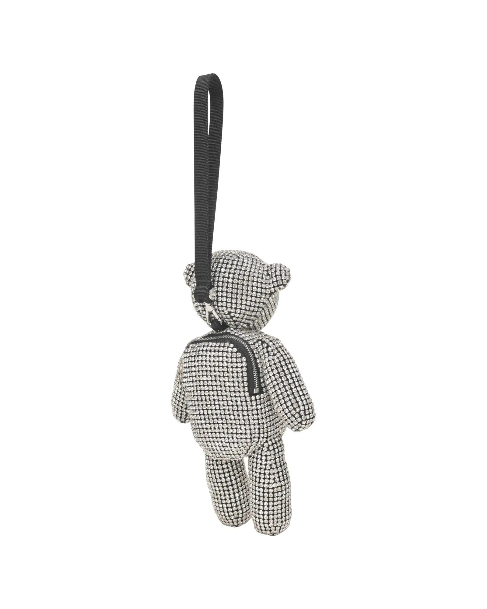 Silver Crystal Mesh Bear-Shaped Wristlet Mini Bag with Detachable Logo Strap