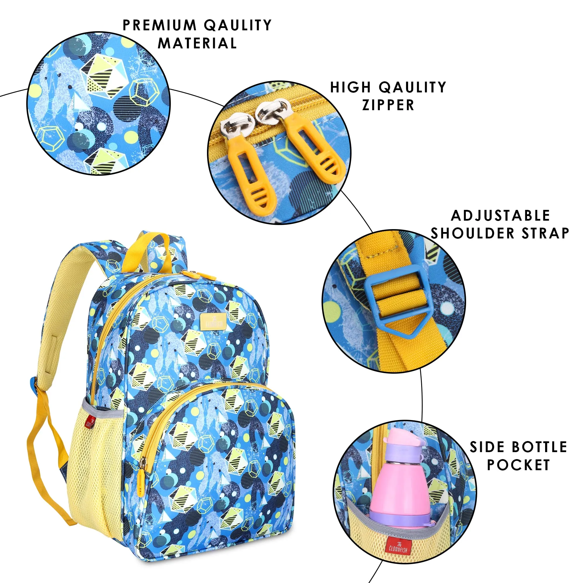 THE CLOWNFISH Cosmic Critters Series Printed Polyester 15 Litres Kids Standard Backpack School Bag With Free Pencil Staionery Pouch Daypack Picnic Bag For Tiny Tots Of Age 5-7 Yrs (Light Blue),Medium