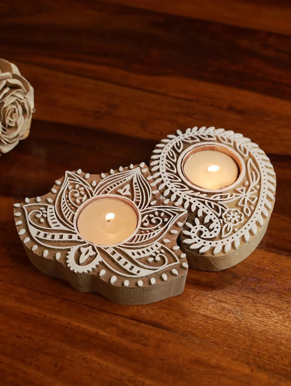 Wooden Engraved Tealight Holders (Set of 2) - Large. Paisley & Lotus