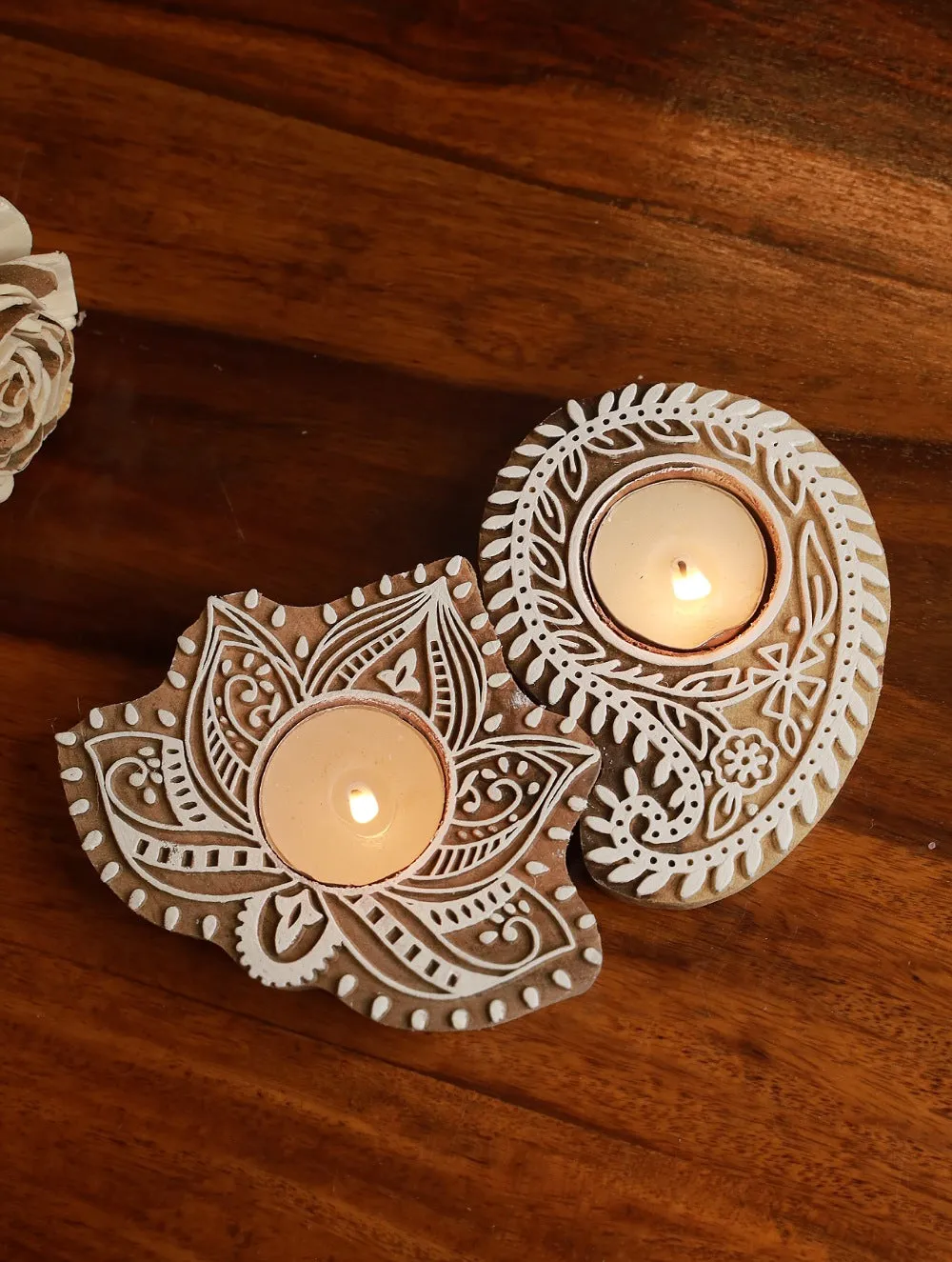 Wooden Engraved Tealight Holders (Set of 2) - Large. Paisley & Lotus