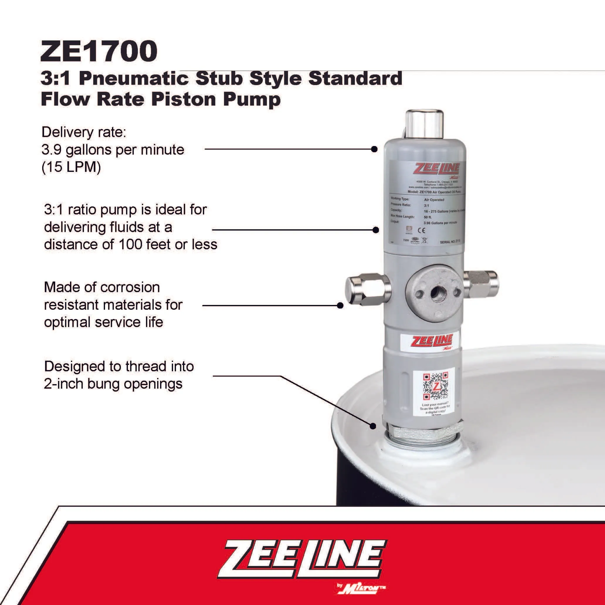 ZE1700 – 3:1 Pneumatic Stub Style Standard Flow Rate Piston Pump